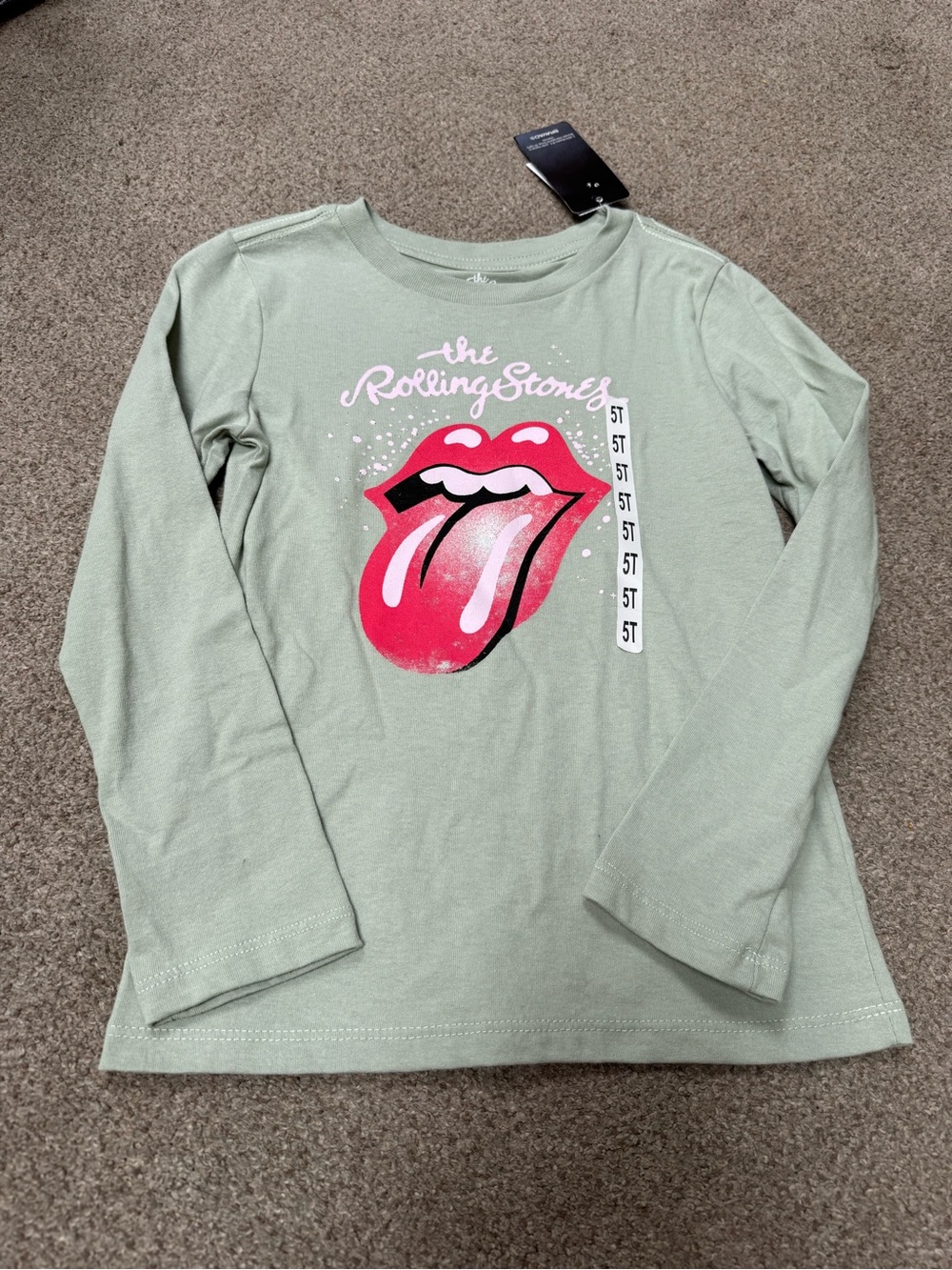the Rolling Stones Sage Green Long-Sleeve Tee with Red Tongue Graphic